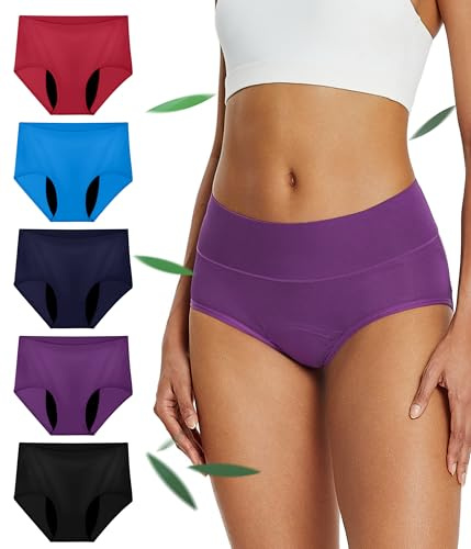 SUNCHIRI Women's Washable Incontinence Pants, 50ml Heavy Absorbency Leakproof Protective Knickers, Reusable Bladder Leak Bamboo Underwear for Postpartum 5 Pack (XL, Multicolor01)