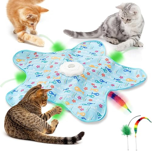 JIMACRO Alfombra Interactiva para Gatos Interior, Juguete Interactivo para Gatos con Estera, Juguete Interactivo Gato con Manta de Escondite, Juguete Eléctrico de Inteligencia para Gatos con Plumas