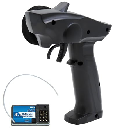 Jiawu 2,4GHz 4CH RC-sändarmottagare för Bilbåt, RACING Radiofjärrkontroll med Pistolgrepp, Ratt, Trim och Dubbelhastighetsjustering, LED-indikator, Lågt Batteri