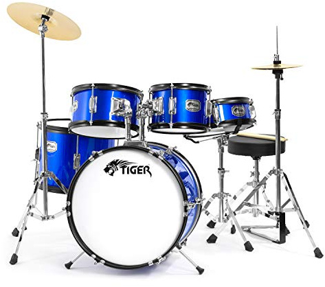 TIGER JDS14-BL 5-Piece Junior Drum Kit Set for Kids with Snare, Toms, Bass Drum, Bass Drum Pedal, Hi-Hat and Crash Cymbals, Throne and Sticks - Blue