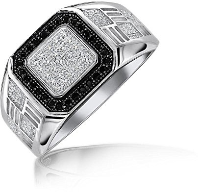 Personnalisez une bague de fiançailles pour hommes avec pavé micro géométrique halo carré bicolore blanc noir CZ zircon cubique. Argent sterling .925 personnalisable.