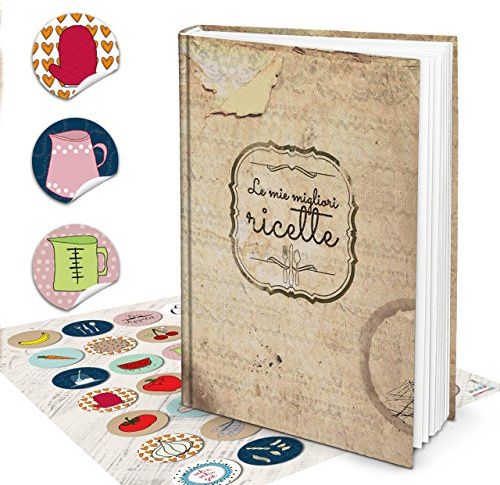 XXL HARDCOVER Italiensk matlagningsbok för egen skrivning LE MIE MIGLIORI RICETTE + färgglada kök dekal 164 tomma sidor receptbok anteckningsbok - Skriv själv eller registrera