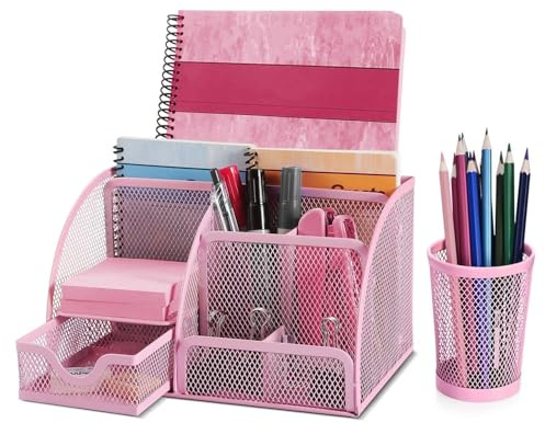 Flexzion Desk Organiser, Pink Metal Mesh Office Desk Accessories Organizer Desk Accessories Set for Women Men Students 6 Compartments with Drawer and Pen Holder