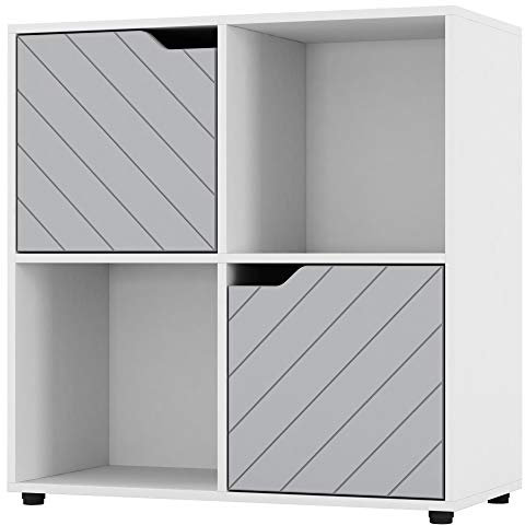 URBNLIVING Estantería de madera blanca con puertas de línea, estantería de almacenamiento, moderna (puerta gris, cubo de 2 x 2 (4 cubos)