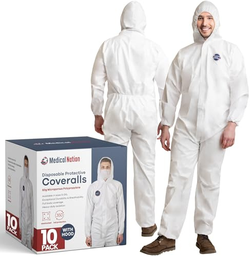 Medical Nation Hazmat Suits Disposable | 10 Pack | With Hood, Heavy Duty, Breathable Disposable Coverall, Painter Suit | X-Large
