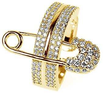NewZenro Wide Flat Safety Pin Chunky Open Rings Fashion Simulated Cubic Zirconia Paved Expandable Engagement Promise Statement Band Rings Opening Rings for Women Party 17mm (Gold-tone)
