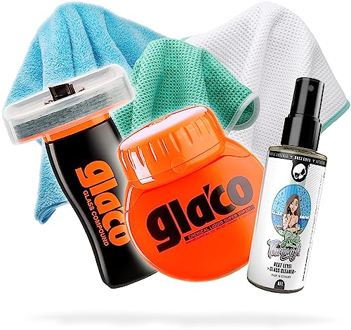 Detailmate Auto Scheiben Politur & Versiegelung Set: SOFT99 Glaco Roll On Large 120 ml + Glasreiniger + 2x Glas Mikrofasertuch + Poliertuch - Scheibenversieglung mit Lotuseffekt bis zu 2 Monate