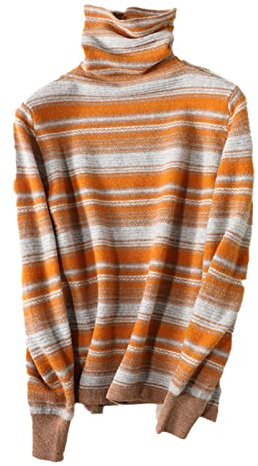 Dam kashmirtröja polokrage varm ull stickning jumper kvinnlig vintage randig pullover, Orange, M