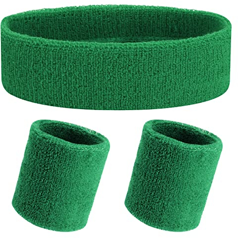Yolev 3 Stück Schweißband Set Grün Sport Stirnband Schweißbänder Handgelenk Herren Damen 80er 90er Jahr Outfit Schweißbänder Absorbierendes Accessoires