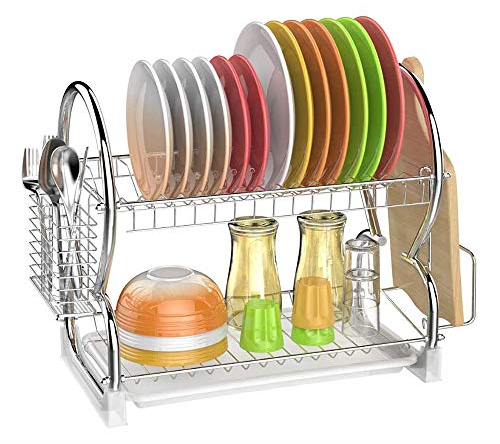 KEVO Égouttoir à Vaisselle Amovible Blanc à 2 Niveaux en Acier Inoxydable Support dégouttement à Assiettes avec égouttoir à Couverts Porte-Baguettes 40 * 24 * 38 cm (Support de Planche à découper)