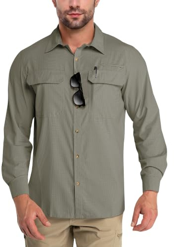 Outdoor Ventures Men's Button-Down Shirt Cooling Quick Drying Shirts | UPF 50+, Roll-Up Sleeve, 2 Pockets, Breathable, Moisture Wicking, Water Resistant, for Fishing Safari Travel