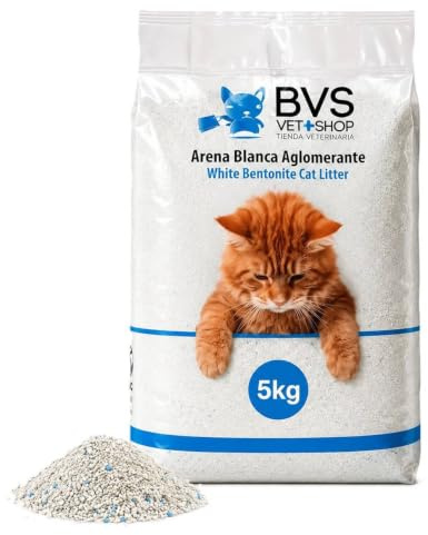 BVS Vet Shop | Arena Blanca Aglomerante para Gatos | Absorbe la Humedad y el Olor de los excrementos de Tus Gatos, 100% bentonita Blanca, Gran Control de olores | 5.75 L - 5 kg