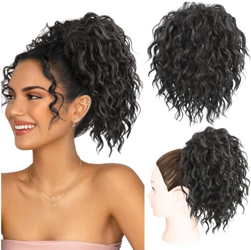 Adancyler Messy Bun Hair Piece Yaki Textured Sweet Loose Wavy Curly Hair Bun Short Drawstring Ponytail Extensions Hair Toppers Synthetic Hairpieces Pony Tails Hair Extensions for Women(Black)