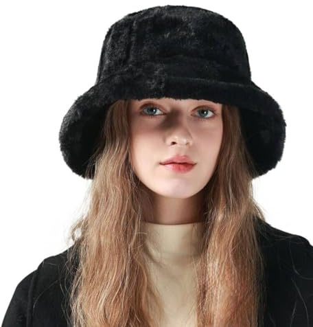 XINCHIA Furry Winter Bucket Hat Women Fluffy Fisherman Cap Soft Faux Fur Winter Cap for Ladies Wool Bucket Hat Fuzzy Warm Thermal Earflap Thicken Wide Brim Plush Fedora Bowler Hat for Women Black