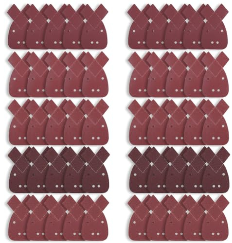 URAQT 50 Pezzi Mouse Fogli Abrasivi, Carta Vetrata per Levigatrice con 2 Testine di Ricambio, Triangoli Abrasivi Grana 40/60/80/120/240, per Levigatrici Manuali Black e Decker Detail