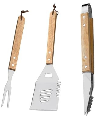Juego de herramientas para barbacoa, herramientas para parrilla,Juego de accesorios para barbacoa de 3 piezas | Herramientas para asar de acero inoxidable con mango de madera, herramientas para barbac