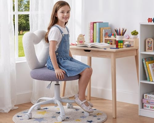 HNY Kids Desk Chair with Wheels, Cute Furry Purple Vanity Chair with Hollowed Heart-Shape Back Adjustable Rolling Computer Study Task Chair for Girls, Fluffy Faux Fur Kids Swivel Chair for Bedroom