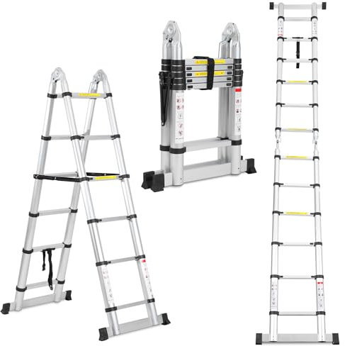 Cecaylie Escalera telescópica plegable de aluminio, 3,8 m (1,9 m + 1,9 m), escalera extensible con estabilizadores, portátil, marco en A, escalera de pie antideslizante, carga máxima de 150 kg (plata)