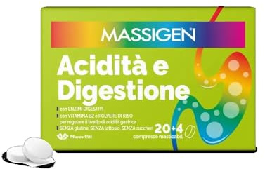Massigen Acidità e Indigestione 20+4 Compresse masticabili con enzimi digestivi vit. B2e polvere di riso