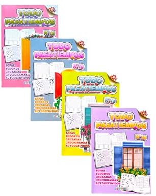 Todo Pasatiempos para Adultos, Pack de 4 Unidades Son 344 Ejercicios Mas Soluciones, Sopas de Letras, Sudokus, Crucigramas, Autodefinidos y Cruzadas Nuevos Modelos