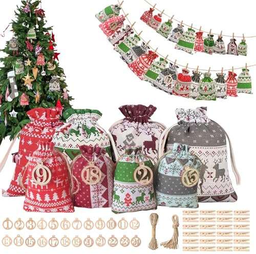 24 Adventskalender zum Befüllen und Aufhängen, Bonus Geschenktüten Weihnachten Weihnachtskalender zum Befüllen, Jutesäckchen Adventskalender Für Männer Frauen Kinder, Festival Geschenksäckchen