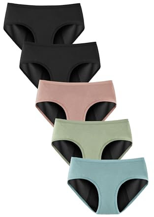 TIICHOO Periodenunterschwäsche Starke Blutung Weiche Bequem Damen Hipster Menstruationsunterwäsche 5er Pack(L, 2 Schwarz/Roségold/Matcha Grün/Türkis Grün)