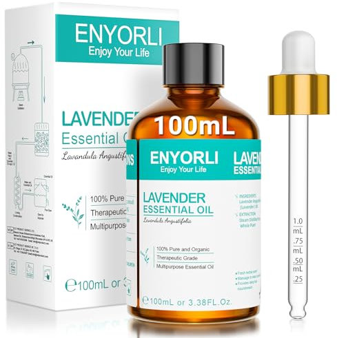 ENYORLI Olio Essenziale di Lavanda 100 ml Olio di Lavanda 100% Puro e Non Diluito, Ideale per Aromaterapia, Diffusori, Massaggi, Cura della Pelle, Rilassante, Bagni, Candele e Fai Da Te