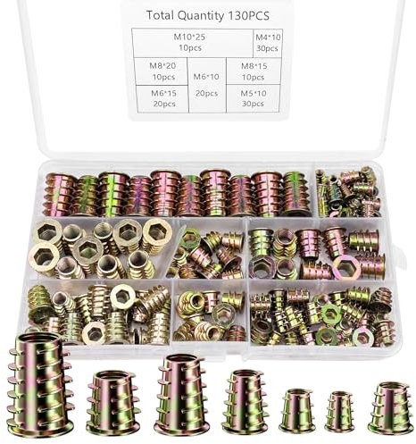 Crihovy Juego de 130 Piezas Insertos Roscados, Tuercas para Madera de Aleación de Zinc, Tuercas Hexagonales Inserción Roscado, Tuerca Embutir Madera, Inserto de Tornillo Rosca M4/M5/M6/M8/M10