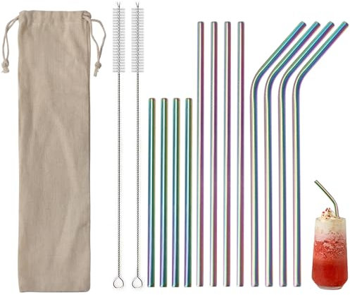 Vookkp Cannucce in Acciaio Inox, 12 Pezzi Cannucce Acciaio, Cannucce Riutilizzabili in Metallo con 2 Spazzole per Cannucce, Lunghe Cannucce in Metallo per Cocktail, Latte, Frullato