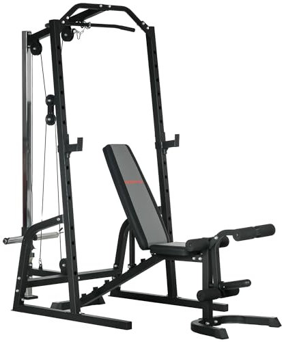 SPORTNOW Smith Machine & Cable Pulley System with Adjustable Weight Bench, Multifunction Home Gym Power Rack with Lat Pull Down System, Barbell Rack for Full Body Training, Black