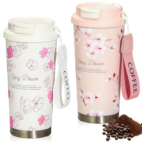 GOEDCH Tazas de café para llevar: 2 tazas térmicas de 500 ml, taza de viaje de acero inoxidable con tapa a prueba de fugas y pajitas, flores de cerezo, flores de melocotón, vasos aislantes para agua