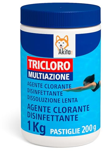 Akitaink TRICLORO 90% Cloro Piscina 1kg | Pastiglie da 200g a Lenta Dissoluzione, Effervescente, per Skimmer e Dosatori Galleggianti