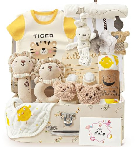 SKJJM Cesta de Bebé Recién Nacido,Baby Gift Set Birth, Cesta de Regalo para Recién Nacido, Regalos para Recién Nacidos, Niños y Niñas, Con Body, Calcetines y Caja Sonajero