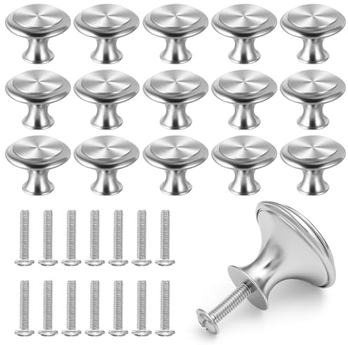Lusofie Pomelli per mobili in argento, 15 pezzi, 3 cm, in acciaio inox, con 15 viti, rotondi, per armadi, comò, cucina