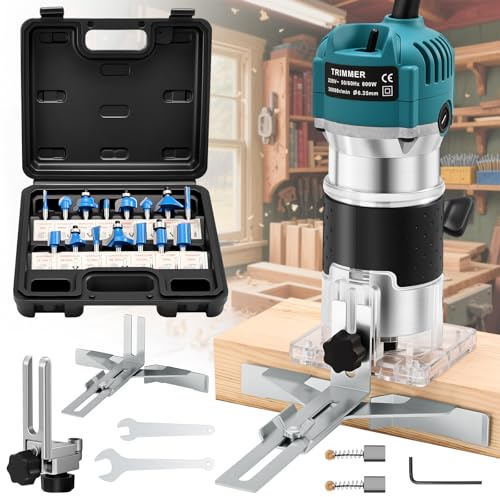 SINGTIP Palm Router Tool, Woodworking Hand Wood Router 800W 30000RPM with Trimmer Base, Handheld Power Wood Compact Trim Router with 15pcs 6.35mm Router Bit Set for DIY, Woodworking, Slotting