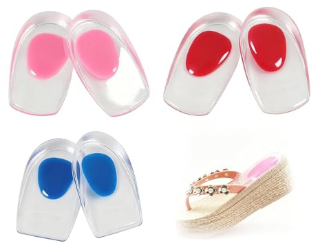 3 Pairs Gel Heel Cups, Silicone Heel Cup Pads, Soft Heel Cushions for Plantar Fasciitis and Heel Pain Relief, Foot Support Shoe Pads for Men and Women, Reusable Silicone Insoles (Red/Blue/Pink, Small)