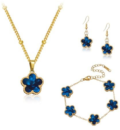 Gkaopi Clover Jewellery Set for Women Girls 18K Plated Stainless Steel Double-sided Four-Leaf Clover Pendant Necklace Earrings Bracelet Adjustable Lucky Jewellery Sets Jewelry Gifts (Blue)