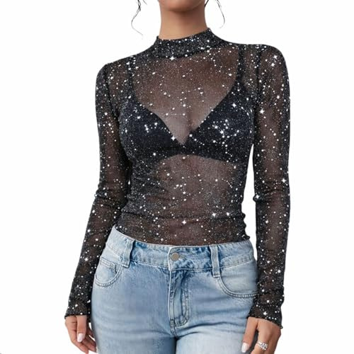 GWAWG Black Mesh Glitter Sparkly Top Women, Long Sleeve Sheer Sequin Party Blouse, Elegant Black Top for Club, Evening, Wedding Carnival (UK, Alpha, XL, Regular, Regular)