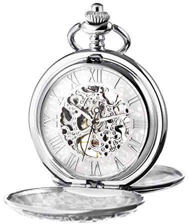 TREEWETO Men's Mechanical Skeleton Pocket Watch for Mens Women Roman Numerals Dial Silver Tone Double Case Pocket Watches
