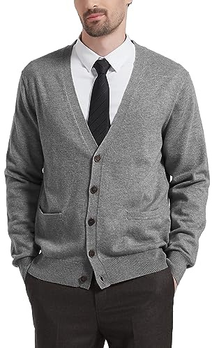 Kallspin Cardigan pour Homme en Laine mélangé avec col en V et Boutons avec Poches (Gris Clair, XL)