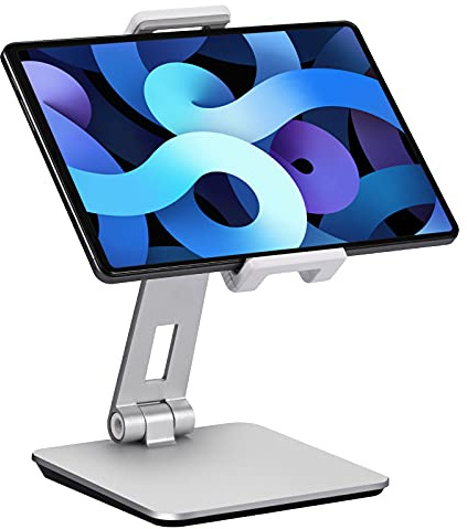 Supporto per tablet regolabile e pieghevole, girevole a 360°, in alluminio pesante, per scrivania, compatibile con iPad Pro/Air/Mini, Galaxy Tab, Surface Pro, Kindle Fire (7-13), argento