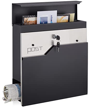 Relaxdays Boîte aux Lettres avec Porte-journaux, Moderne, verrouillable, HxLxP : 37 x 37 x 11 cm, Acier, argenté/Noir