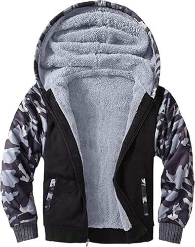 JACKETOWN Niños Sudadera Pullover con Capucha Sherpa Forrada Cremallera Completa Chaqueta Deportiva de Invierno con Capucha Cardigan(Camuflaje Gris-XL)