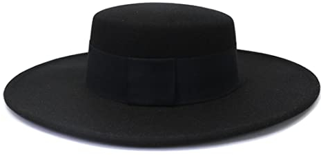 Französischer Damenhut, große breite Krempe, 10 cm, Fedora-Hut, Winter, Wolle, Derby, Hochzeit, Jazz, Hut, flache Oberseite, Filzmütze, schwarz02, 56–58 cm