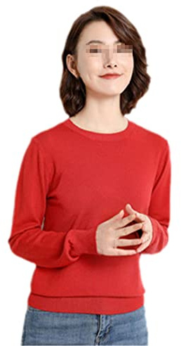 Suéter para mujer de cuello redondo de cachemira de color sólido, pulóver ajustado de manga larga casual básico de base, Rojo ladrillo, M