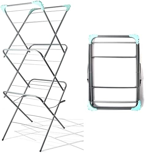 Meown 3 Tier Clothes Airer Indoor Outdoor Drying Rack with 20 Pegs, 12m Space-Saving Foldable Clothes Horse, Non-Slip Feet, Flat-Folding Laundry Dryer for Small Homes