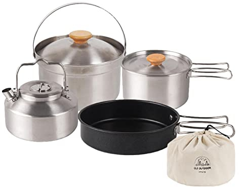 Pomurom Outdoor Kochgeschirr Set, Camping Kochgeschirr Set aus Edelstahl, Faltbare Kochtopf Hängetopf Wasserkocher und Aufbewahrungstasche, Outdoor Kochset für Camping Picknick Wandern