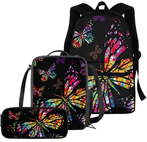 fifbird Set completo di zaini da calcio per la scuola, set 3 in 1 per ragazzi e ragazze, con stampa di calcio, grande libreria+portapranzo termico+astuccio, Burro Colorato, Taglia unica, Zaini Daypack