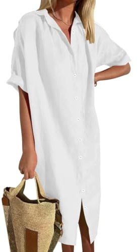 shownicer Vestiti Donna Estivi Abito in Lino Scollo a V Manica Corta Vestiti Casual Tinta Unita Vestito Lunga Camicia Vestiti da Spiaggia Midi Dress A Bianco M
