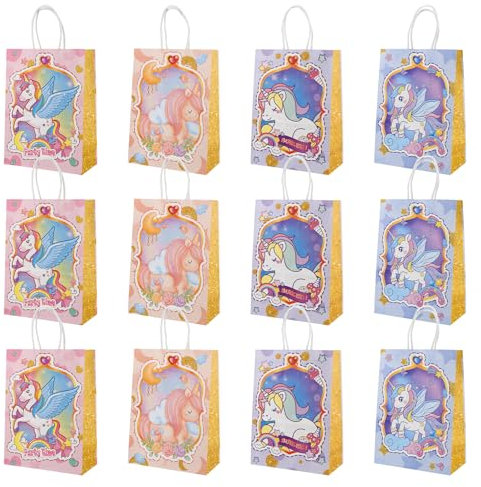 JIANGZHIB 12 Stück Einhorn Partytüten, Kinder Geschenktüten, Bunte Geschenktüten, Wiederverwendbare Geburtstagstüten zum Verpacken von Geschenken, Giveaways, Tüten Kindergeburtstag, Hochzeit